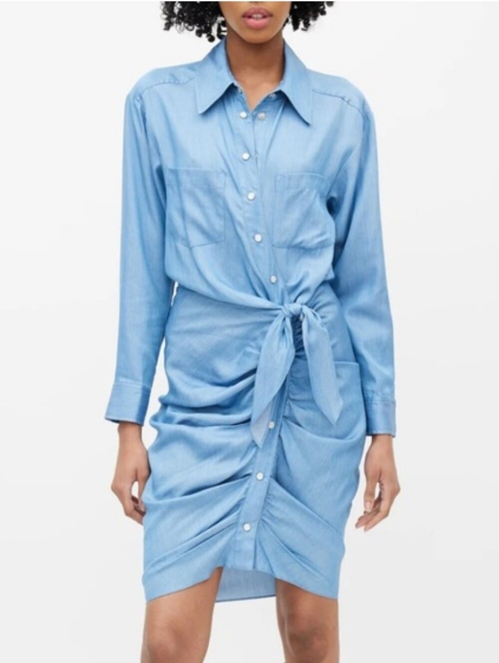 Veronica Beard Chambray Tie-Front Ruched Dress